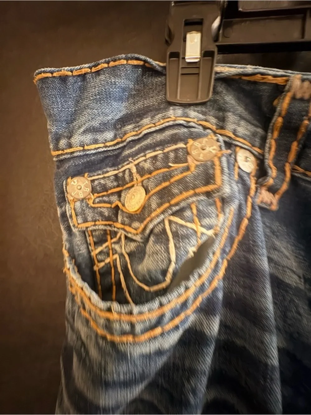 True Religion Men's Dark Blue Bootcut Jeans with Contrast Stitching
